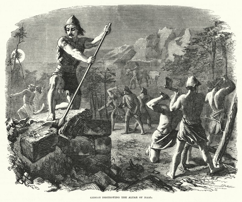 Gideon vernietigt het altaar van Baäl (gravure) door English School