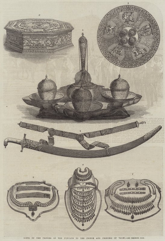 Geschenken van de prinsen van de Punjab aan de prins en prinses van Wales (gravure) door English School