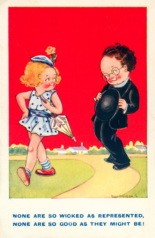 Meisje en jongen, goed en slecht (kleurenlitho) door English School