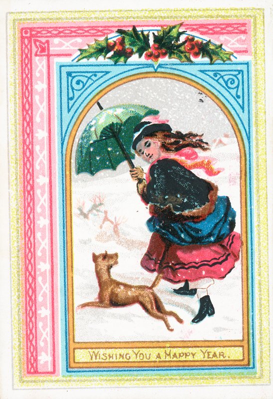 Meisje en hond rennen in de sneeuw, nieuwjaarskaart door English School