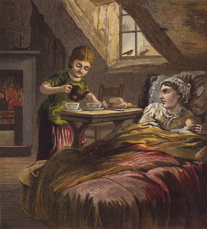 Meisje serveert thee aan haar zieke moeder, in bed met een baby (kleur litho) door English School