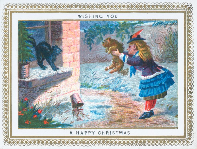 Meisje plaagt kat met hond, kerstkaart door English School