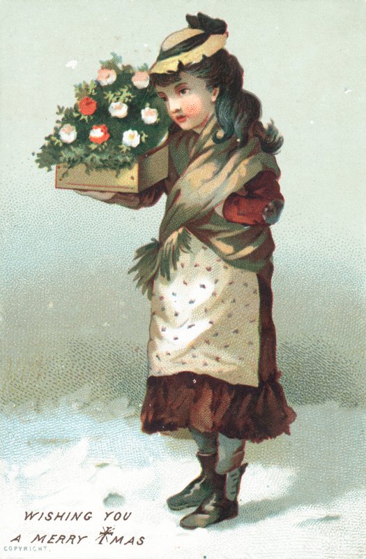 Meisje loopt in de sneeuw met bloemenkist, Kerstkaart door English School