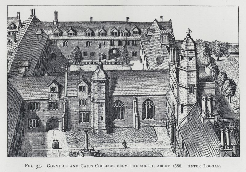 Gonville and Caius College, vanuit het zuiden, circa 1688, naar Loggan door English School