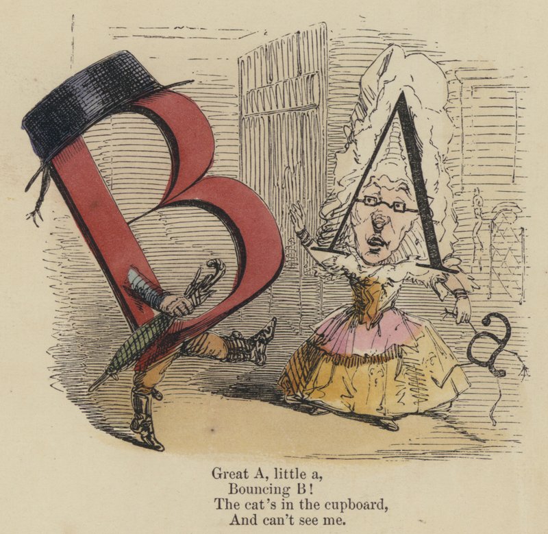 Grote A, kleine a, Stuiterende B! De kat zit in de kast, En kan mij niet zien (gekleurde gravure) door English School