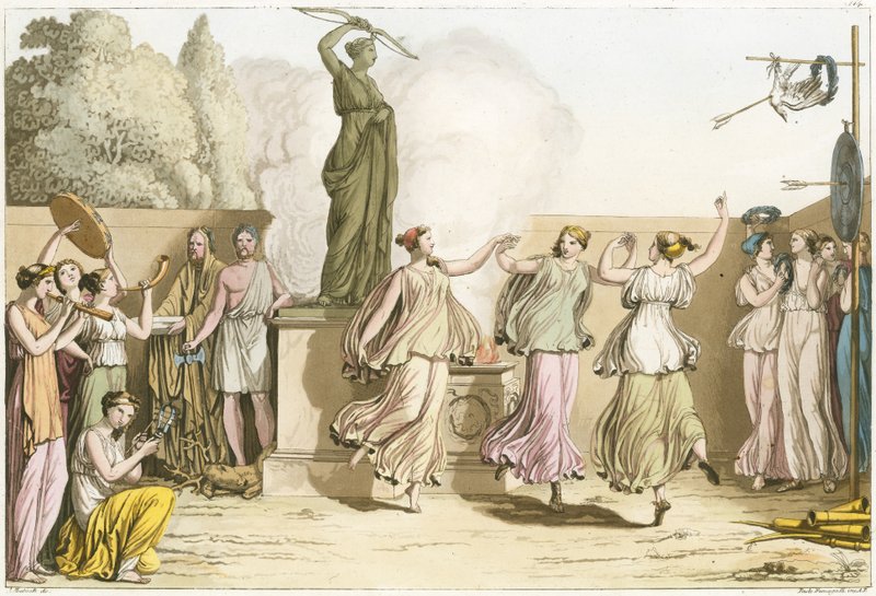 Griekse vrouwen dansen rond standbeeld van Diana door English School