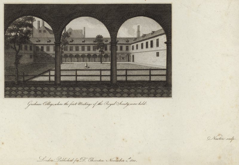 Gresham College, waar de eerste bijeenkomsten van de Royal Society werden gehouden door English School