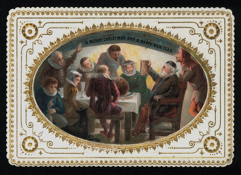 Groep mannen en vrouwen uit de 16e eeuw die het feestseizoen vieren, kerstwenskaart door English School