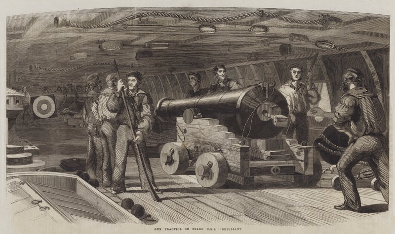 Schietoefening aan boord van HMS "Brilliant" (gravure) door English School