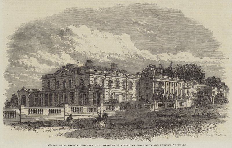 Gunton Hall, Norfolk, het landgoed van Lord Suffield, bezocht door de prins en prinses van Wales (gravure) door English School