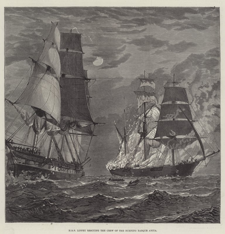 HMS Liffey redt de bemanning van de brandende bark Anita door English School