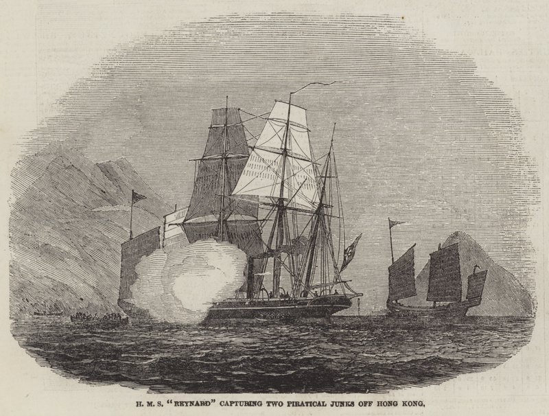 HMS "Reynard" vangt twee piratenjonken bij Hong Kong (gravure) door English School