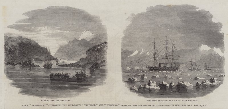 HMS "Termagant" begeleidt de Kanonneerboten "Grappler" en "Forward" door de Straat van Magellan door English School