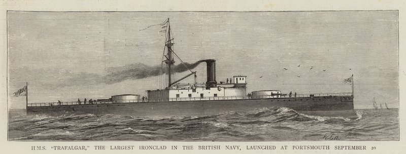 HMS "Trafalgar," het Grootste Pantserschip in de Britse Marine, te Water Gelaten in Portsmouth 20 September (gravure) door English School