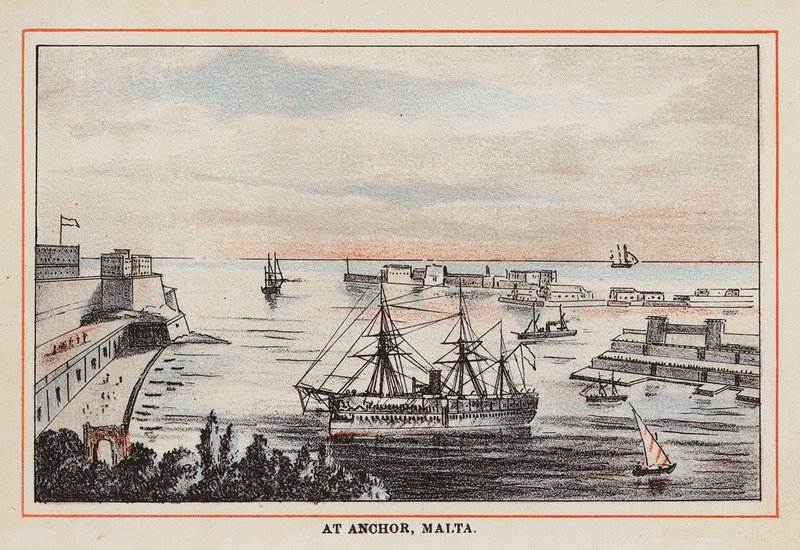 HM Indisch Troepenschip: Voor Anker, Malta (gekleurde gravure) door English School