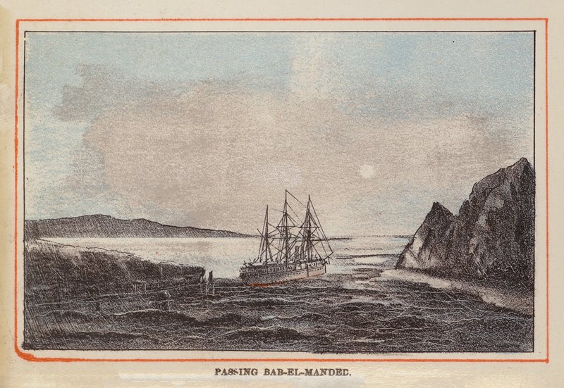 HM Indisch Troepenschip: Voorbij Bab-El-Manded (gekleurde gravure) door English School