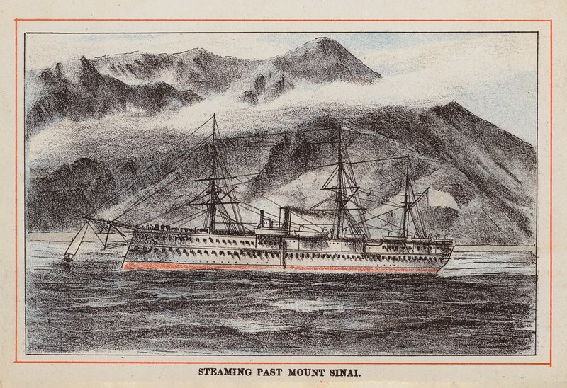 HM Indisch Troepenschip: Voorbijvarend aan de Berg Sinaï (gekleurde gravure) door English School