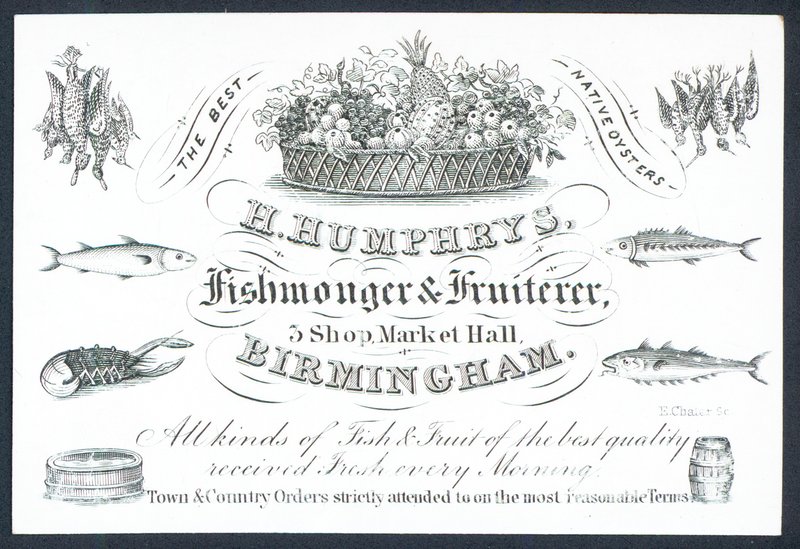 H Humphrys, visboer en fruitverkoper, handelskaart door English School