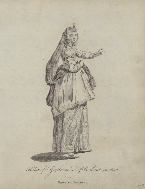 Kleding van een dame van Brabant in 1640 door English School