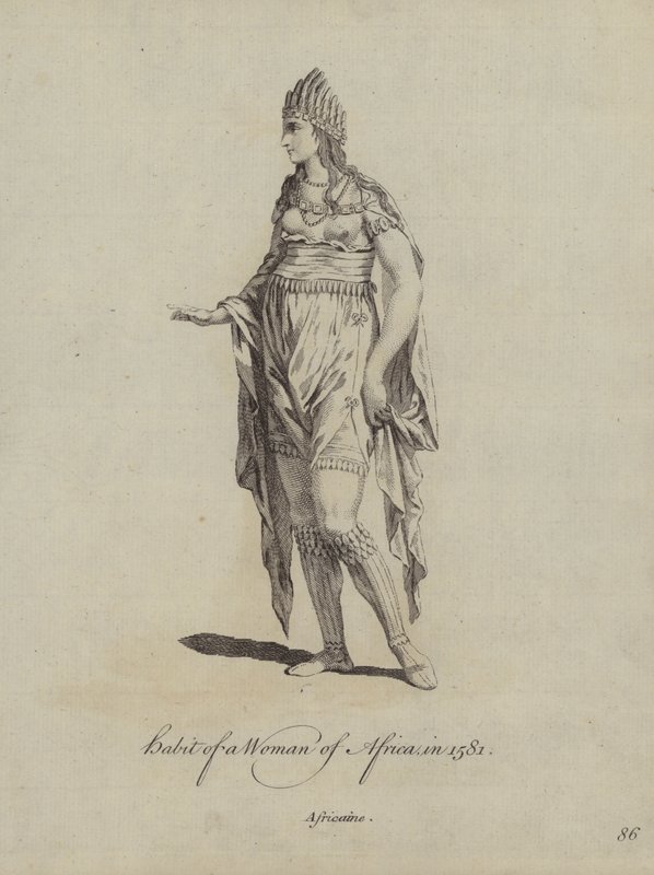 Kleding van een Vrouw uit Afrika in 1581 door English School