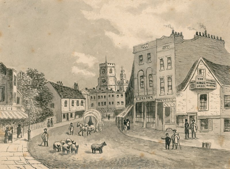 Hackney, kijkend naar de kerk, in 1840 door English School