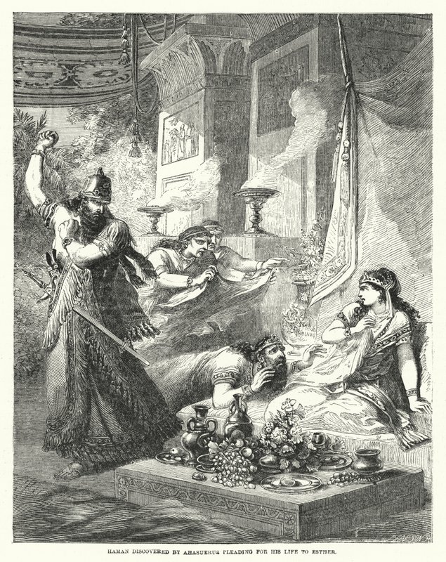Haman ontdekt door Ahasveros terwijl hij om zijn leven smeekt bij Esther (gravure) door English School