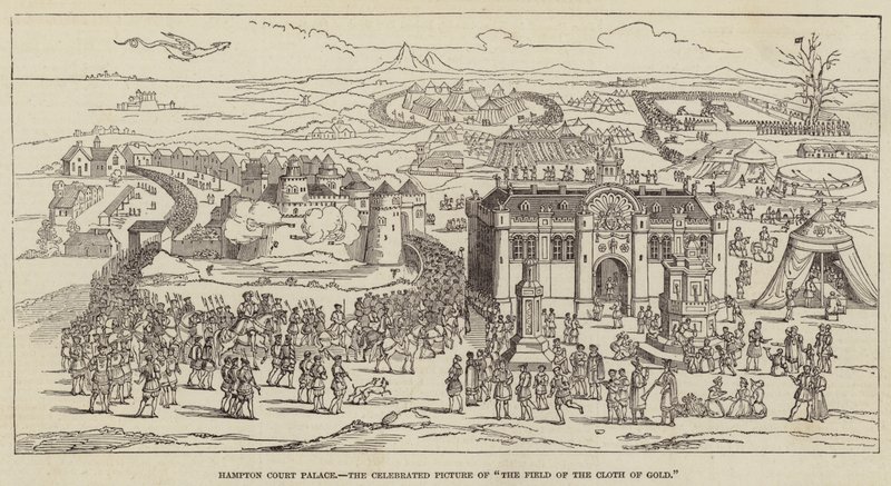 Hampton Court Palace, het beroemde schilderij van "Het Veld van het Gouden Laken" (gravure) door English School
