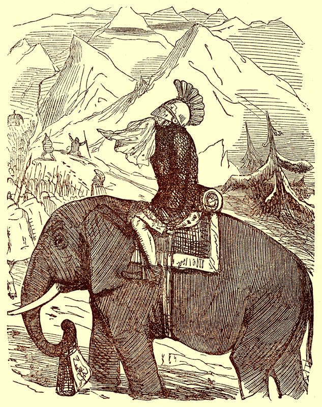 Hannibal steekt de Alpen over, illustratie uit De Komische Geschiedenis van Rome door Gilbert Abbott a Beckett, gepubliceerd ca. 1850 door English School