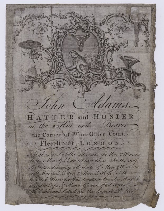 Hoedenmakers, John Adams, handelskaart door English School
