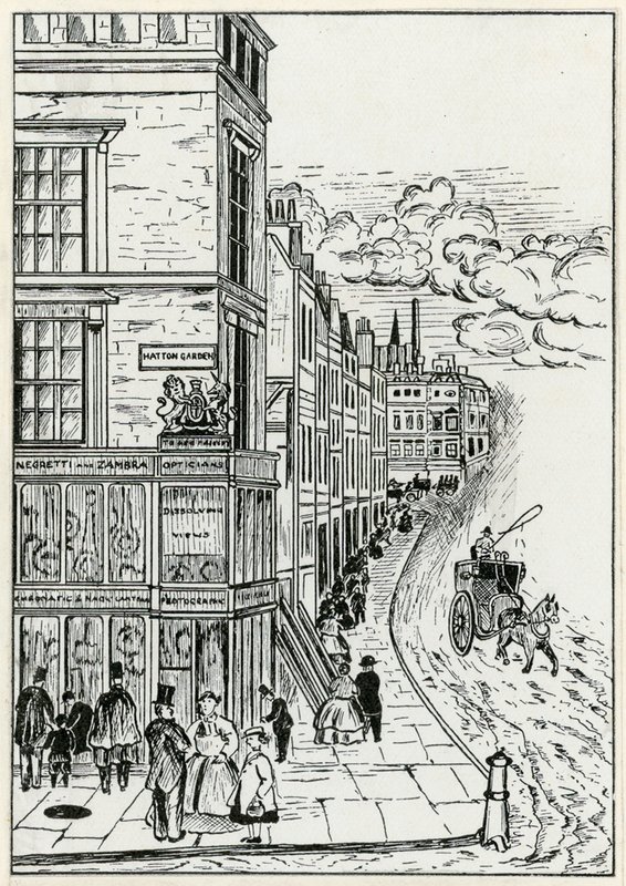 Hatton Garden en Holborn, 1866 door English School