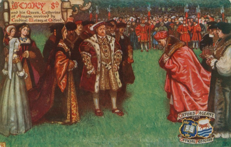 Hendrik VIII en zijn Koningin, Catharina van Aragon, ontvangen door Kardinaal Wolsey in Oxford, 1518 door English School