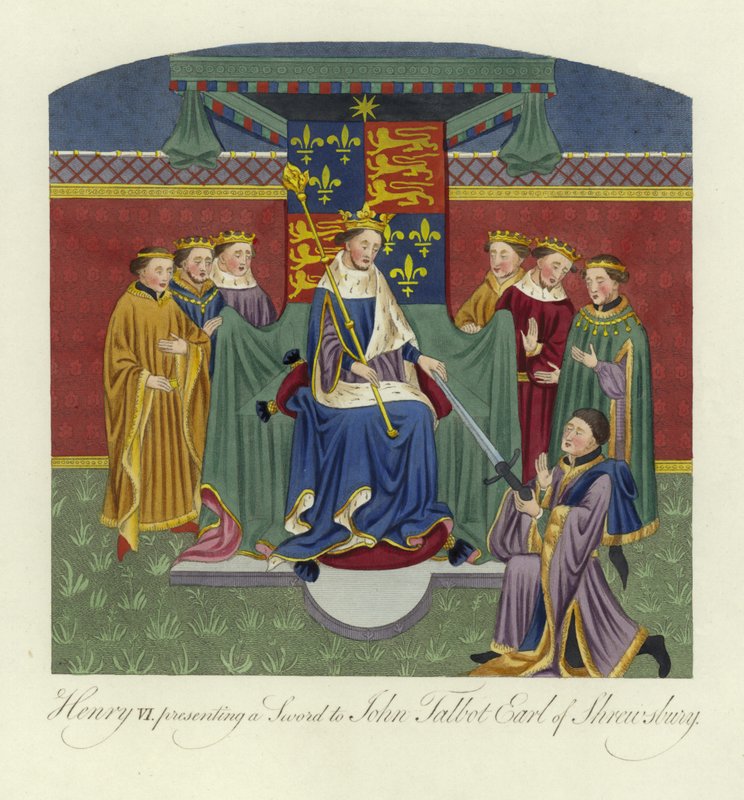 Hendrik VI, Koning van Engeland, overhandigt een zwaard aan John Talbot, Graaf van Shrewsbury, 15e eeuw door English School