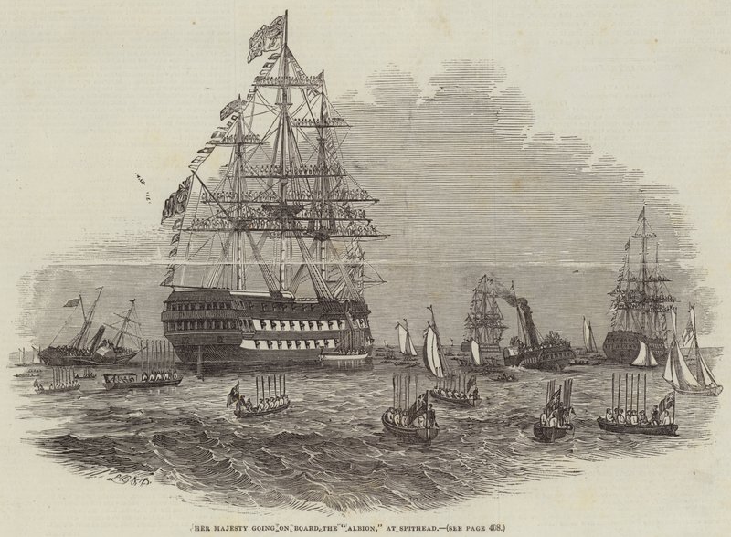 Hare Majesteit gaat aan boord van de "Albion," bij Spithead door English School
