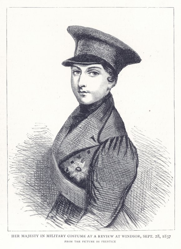 Hare Majesteit in militair kostuum bij een review in Windsor, 28 september 1837 door English School