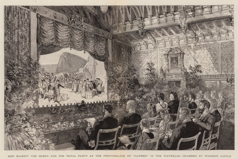 Hare Majesteit de Koningin en het koninklijk gezelschap bij de uitvoering van "Carmen" in de Waterloo-kamer in Windsor Castle (gravure) door English School