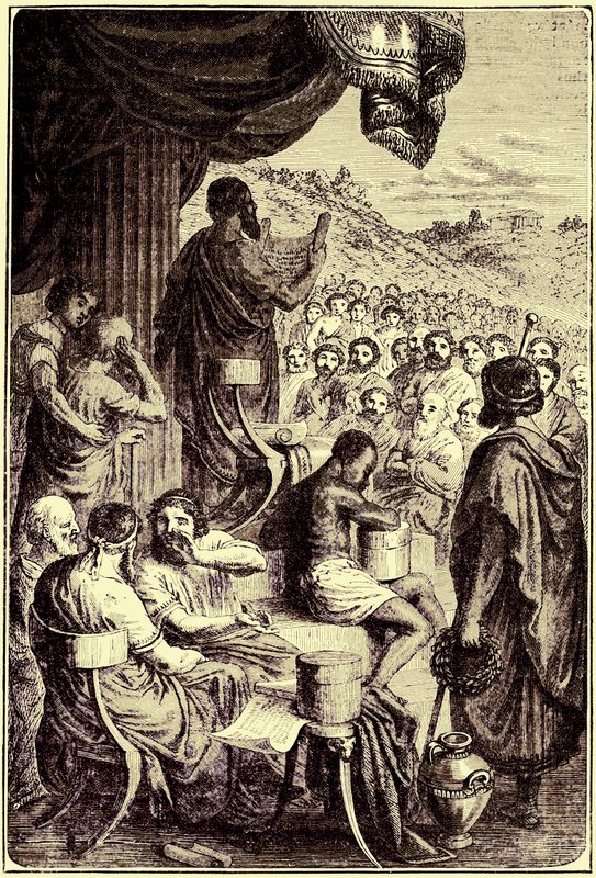 Herodotos leest zijn geschiedenis voor op een openbaar festival, illustratie uit The Illustrated History of the World, gepubliceerd ca. 1880 door English School