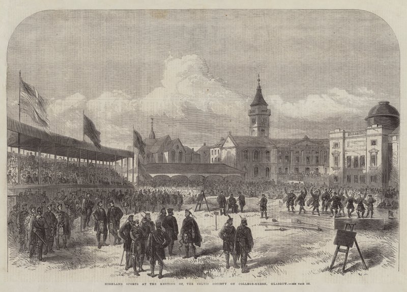 Hooglandspelen bij de bijeenkomst van de Keltische Vereniging op College-Green, Glasgow (gravure) door English School