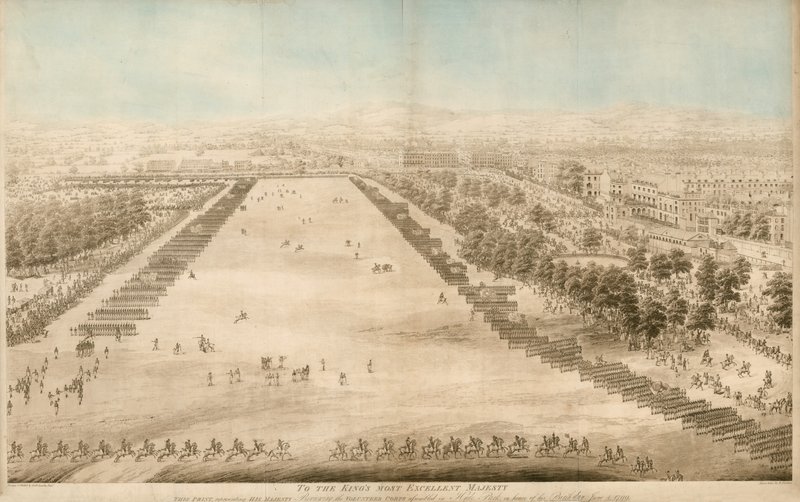 Zijne Majesteit inspecteert het Vrijwilligerskorps verzameld in Hyde Park, ter ere van de Verjaardag, 4 juni 1799 door English School