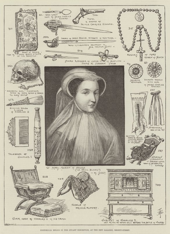 Historische relikwieën in de Stuart-tentoonstelling, in de New Gallery, Regent-Street door English School