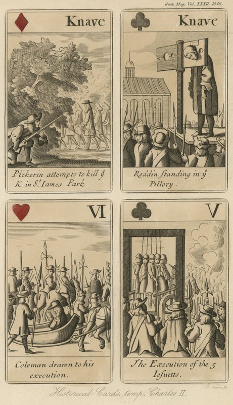 Historische speelkaarten die het verhaal van koning Karel II vertellen door English School