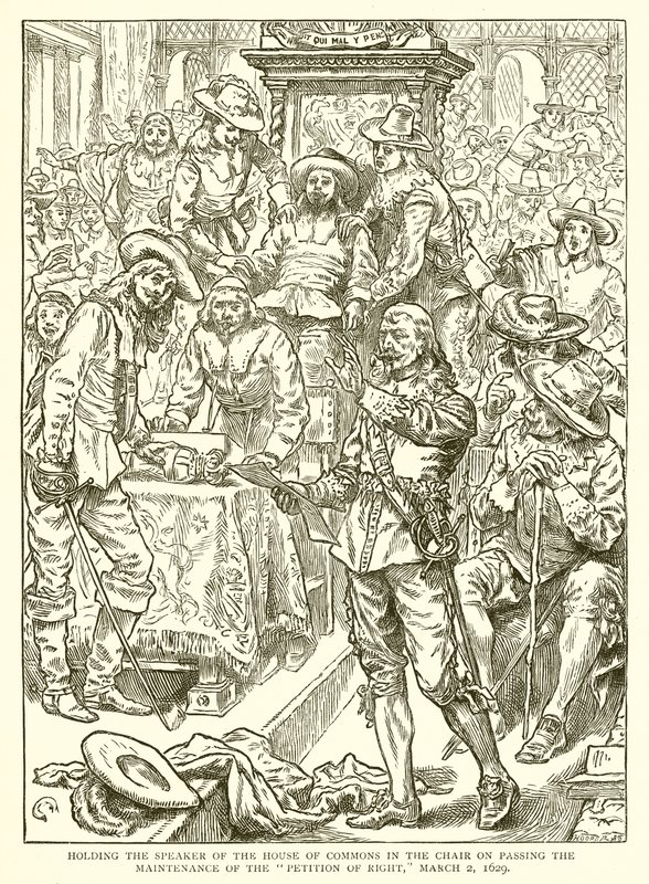 De voorzitter van het Lagerhuis in de stoel houden bij het aannemen van het Onderhoud van het Petitierecht, 2 maart 1629 door English School