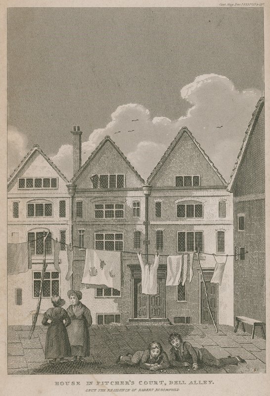 Huis in Pitchers Court, Bell Alley, ooit de residentie van Robert Bloomfield door English School