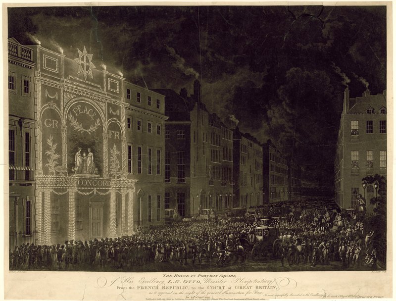 Huis op Portman Square van de Franse Ambassadeur, verlicht om de Vrede te vieren, 29 april 1802 door English School