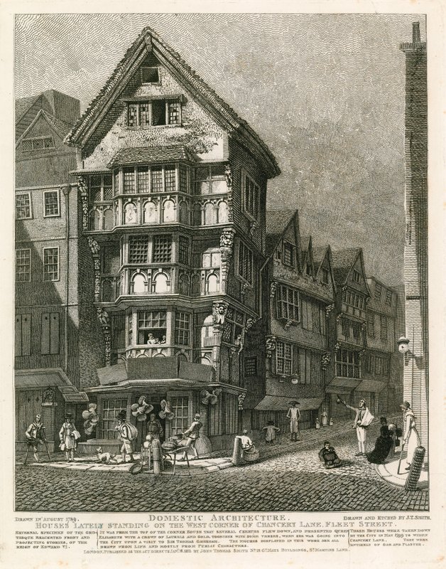 Huizen die onlangs stonden op de westelijke hoek van Chancery Lane, Fleet Street, Londen door English School