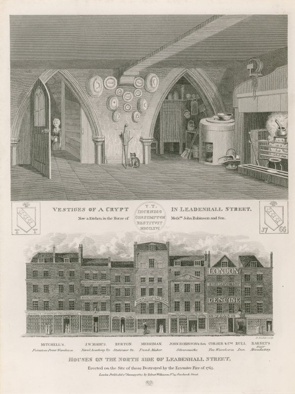 Huizen aan de noordkant van Leadenhall Street, gebouwd op de plaats van de huizen die werden verwoest door de grote brand van 1765 door English School
