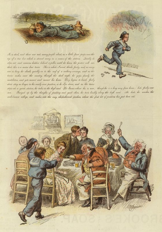 Hoe Jacky Marlinspike op tijd thuiskwam voor kerstpudding (kleur litho) door English School
