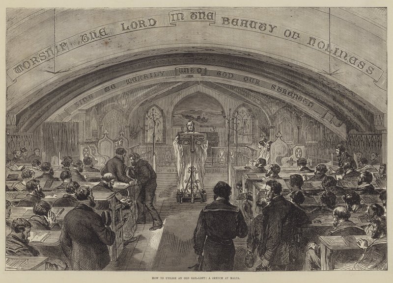 Hoe een oude zeilloods te gebruiken, een schets in Malta (gravure) door English School