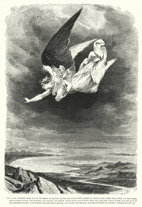 Ik zag een andere engel vliegen in het midden van de hemel, Openbaring XIV, 6, 7 (gravure) door English School