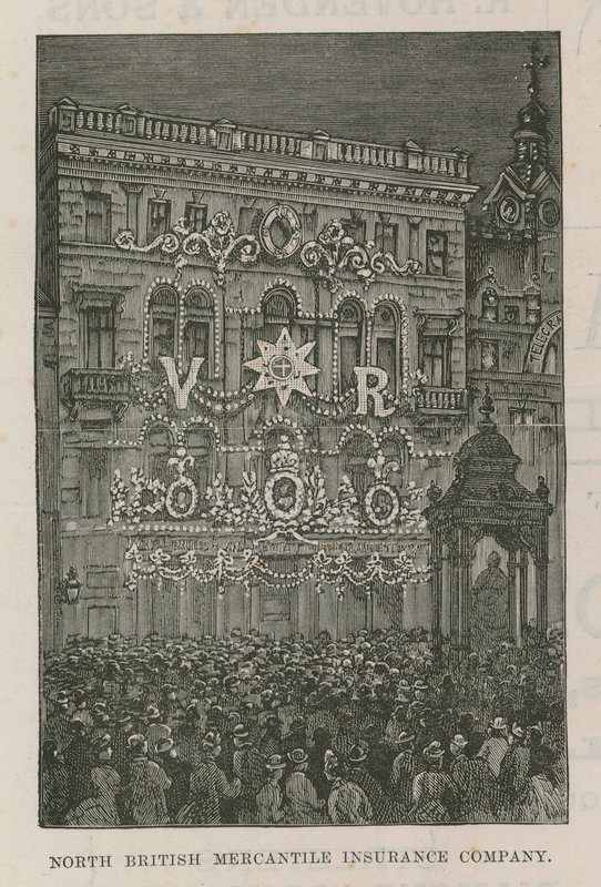 Verlichtingen die de kantoren van de North British Mercantile Insurance Company versieren door English School
