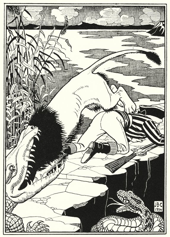 Illustratie voor de Avonturen van Baron Munchausen (gravure) door English School